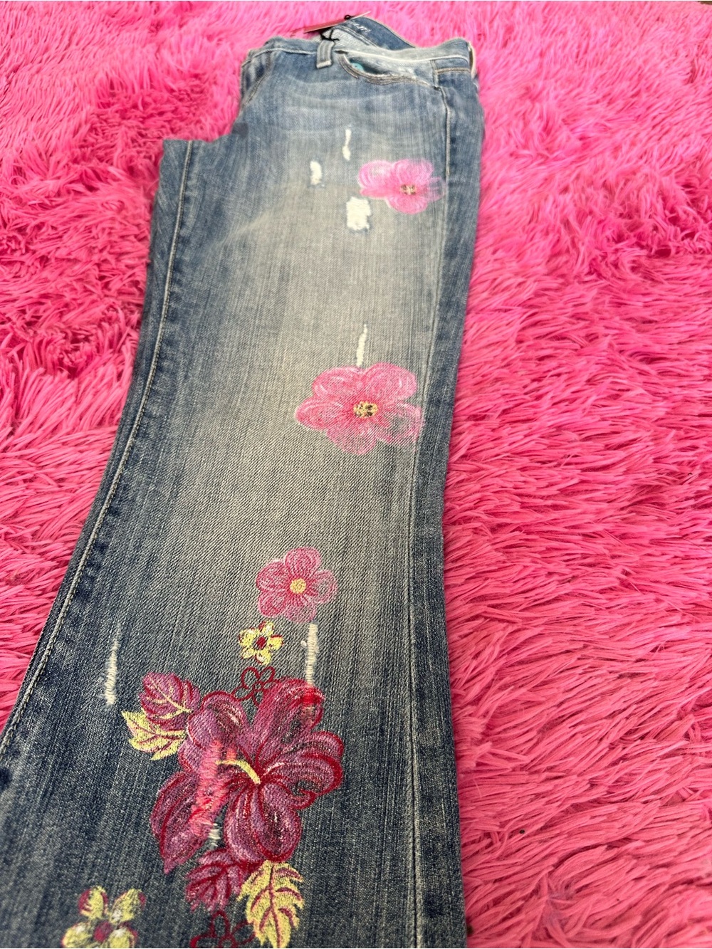 Guess Blue Denim Flare Jeans with Pink Floral Embroidery - Picture 7 of 15